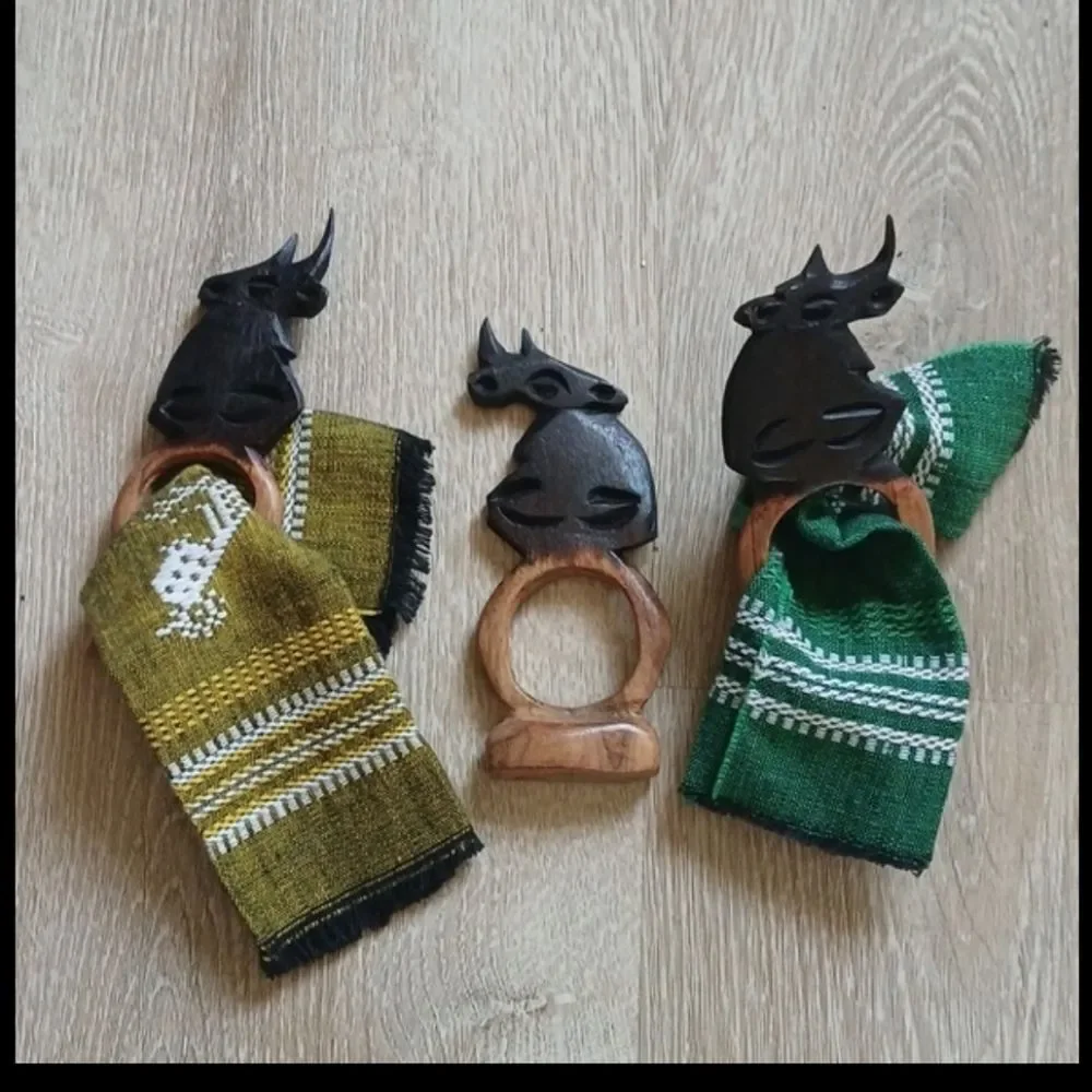 Vintage 80's Hand Carved Napkin Rings Wood Polished Artisan Ethnic Rhino Animals